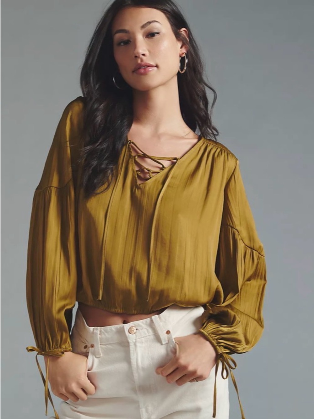 Anthropologie Olive Lace-Up Satin Blouse